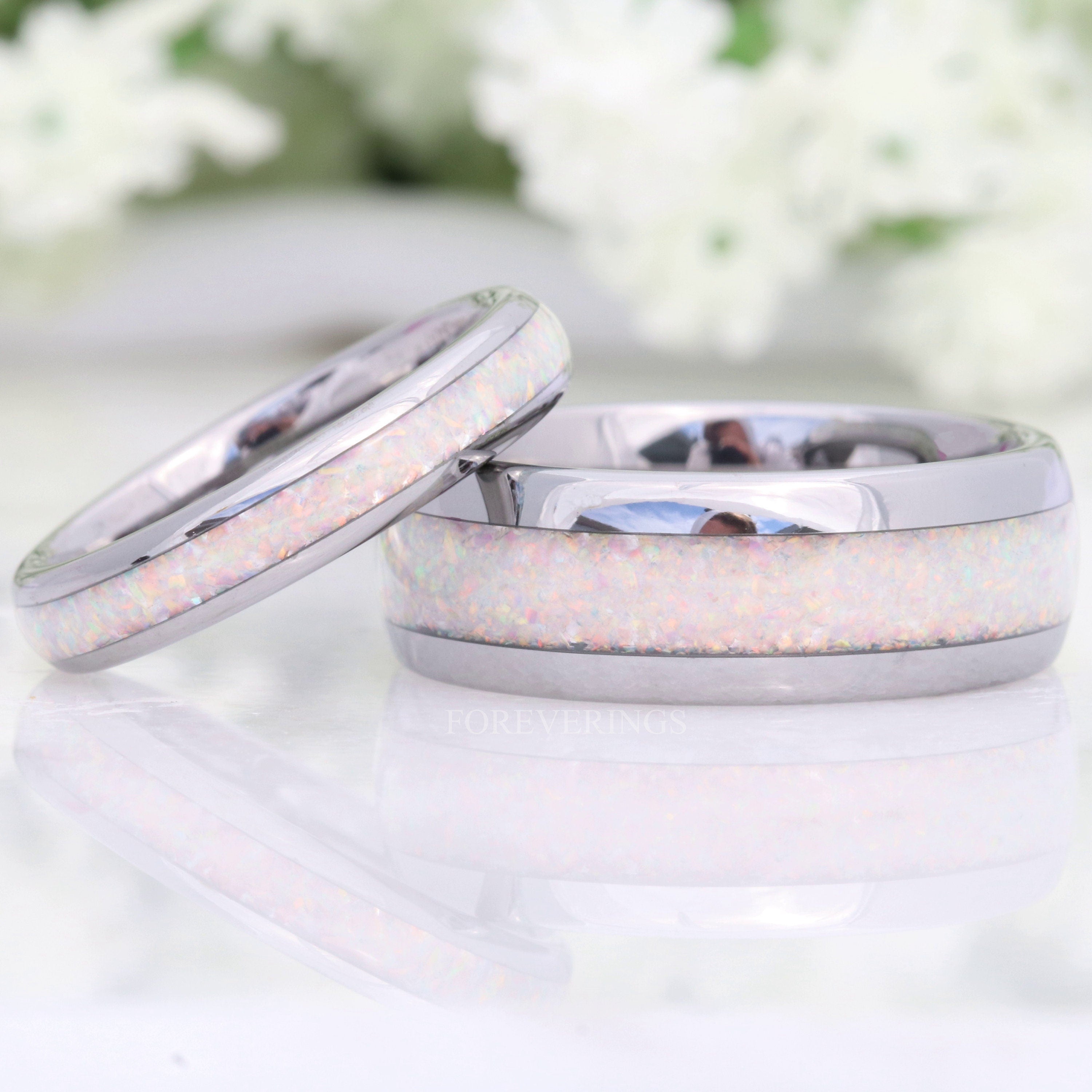 His and Hers Tungsten Wedding Band, Crushed White Fire Opal Ring, 8mm & 4mm Silver Ring Set, Couples Ring, Polish, Dome, Comfort Fit