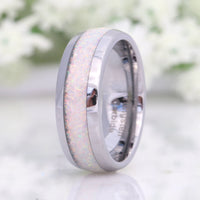 His and Hers Tungsten Wedding Band, Crushed White Fire Opal Ring, 8mm & 4mm Silver Ring Set, Couples Ring, Polish, Dome, Comfort Fit