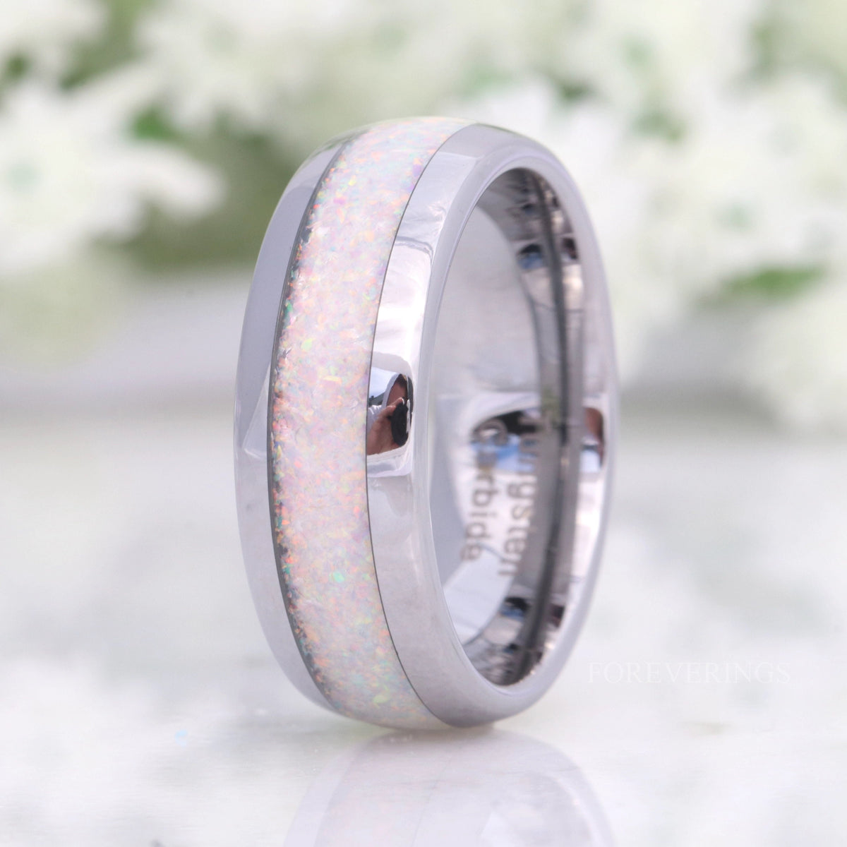 Mens White Fire Opal Ring | 8mm Crushed Opal Silver Tungsten Band
