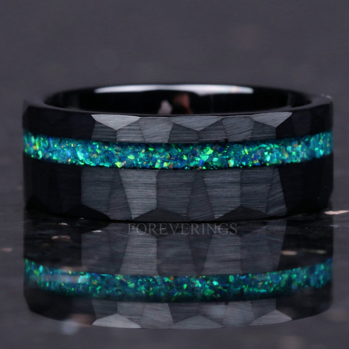 Crushed Green Opal Black Tungsten Ring | Mens Hammered Wedding Band
