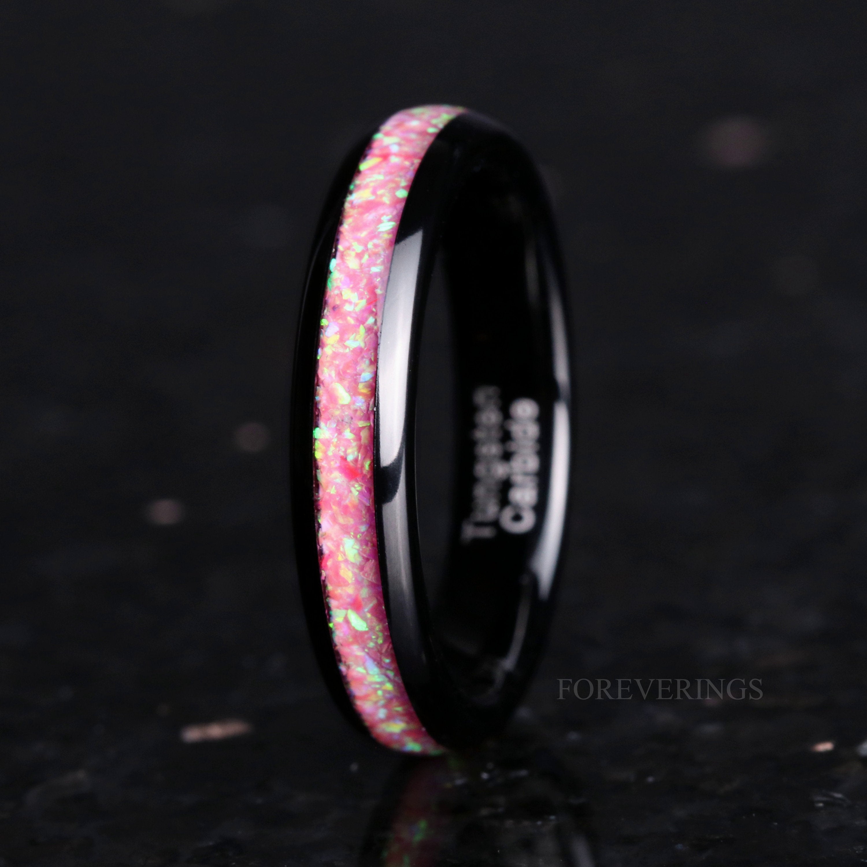 Pink Opal Ring, 4mm Tungsten Wedding Band, Women Men Ring, Black Ring, Dome, Polish, Comfort Fit, Birthday Anniversary Gift