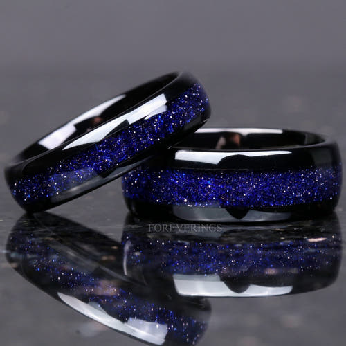 Matching black tungsten couples ring set with blue sandstone inlay, 8mm and 6mm