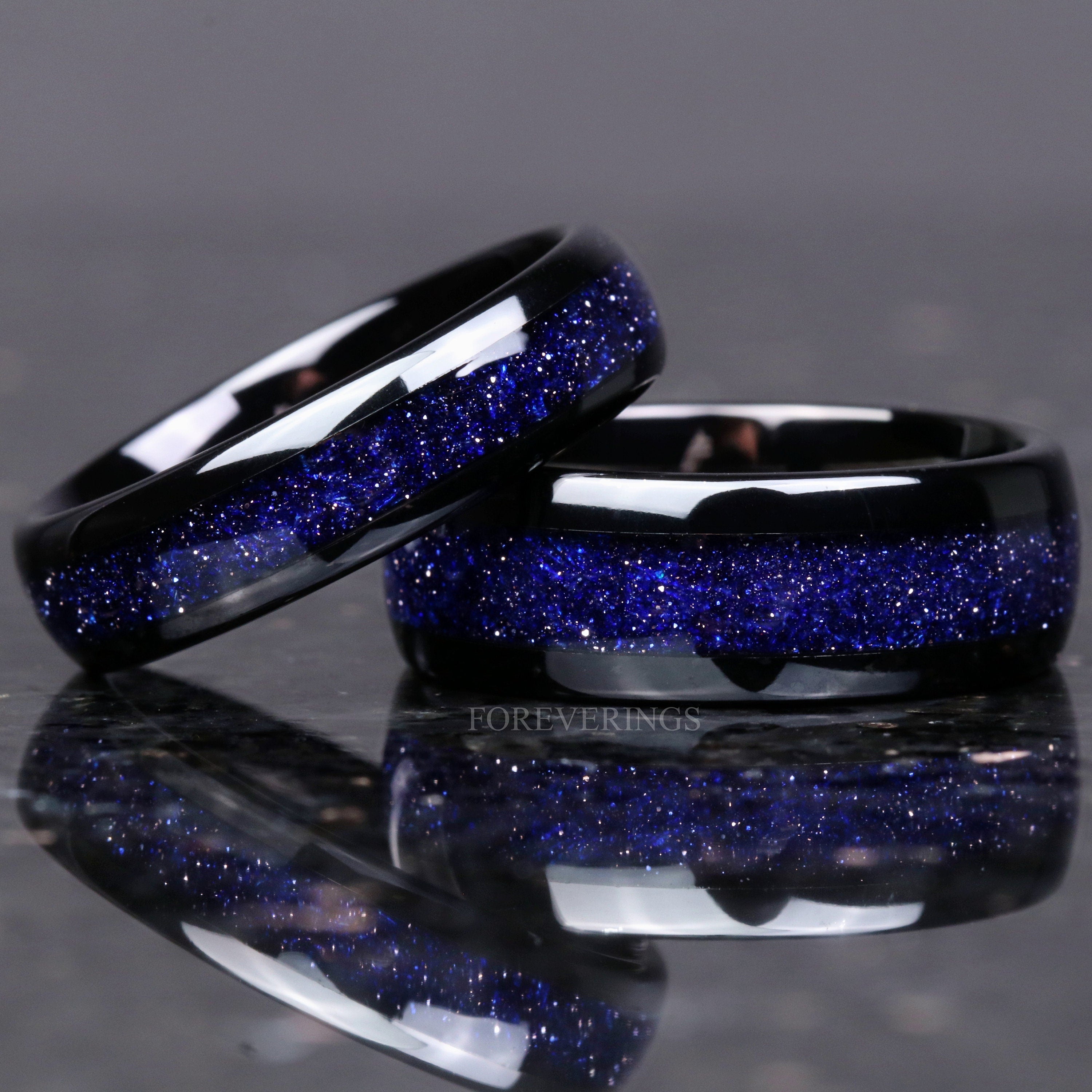 Great Rift Nebula Ring Set, His and Hers Tungsten Wedding Band, 8mm & 6mm Black Ring, Outer Space Couples Ring, Polish, Dome, Blue Sandstone