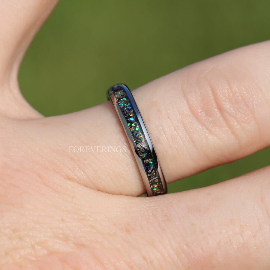 Meteorite and Opal Silver Tungsten Band | 4mm Wedding Ring