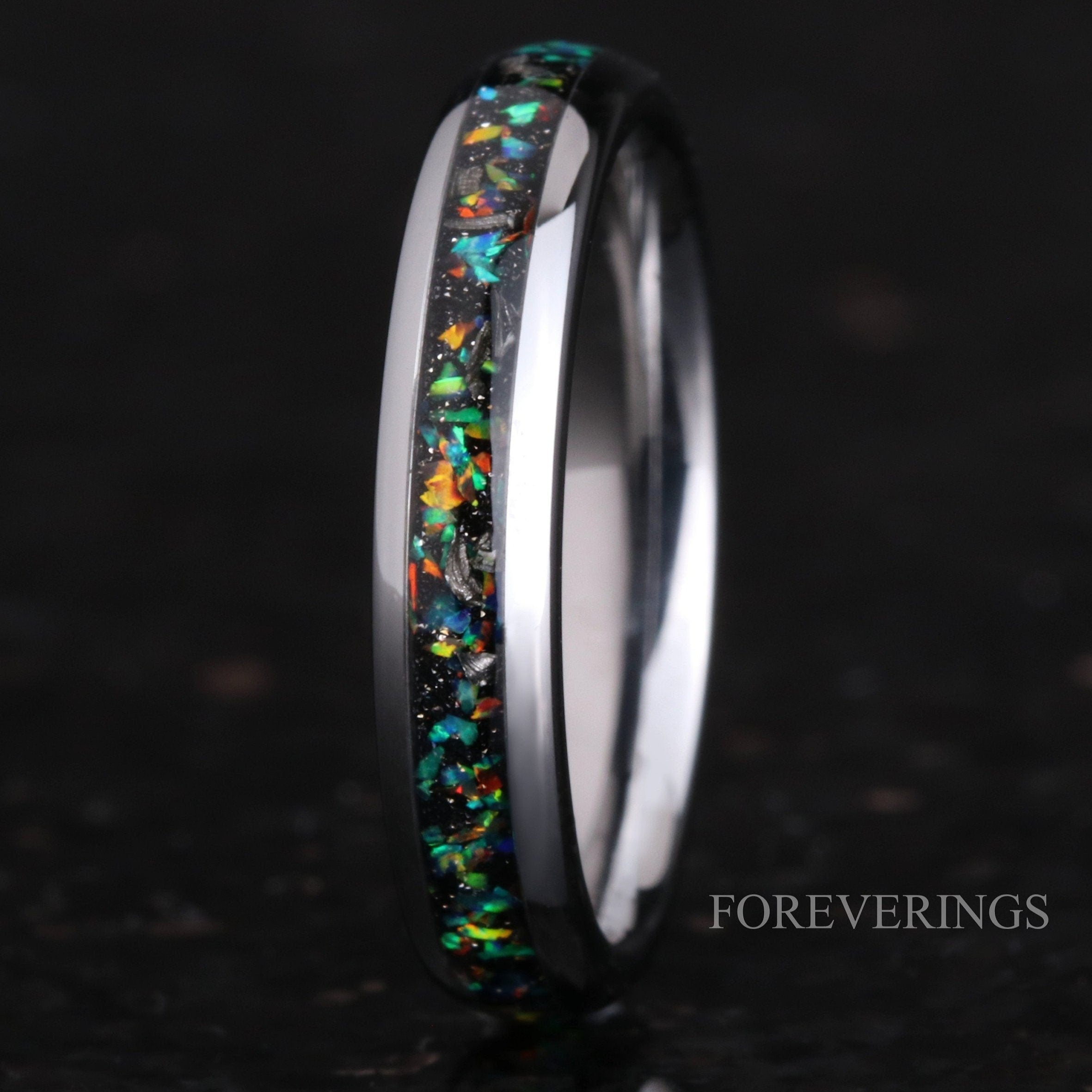 Meteorite and Galaxy Opal Wedding Band, 4mm Silver Tungsten Ring, Women Men Ring, Domed, Polished, Comfort Fit, Birthday Anniversary Gift