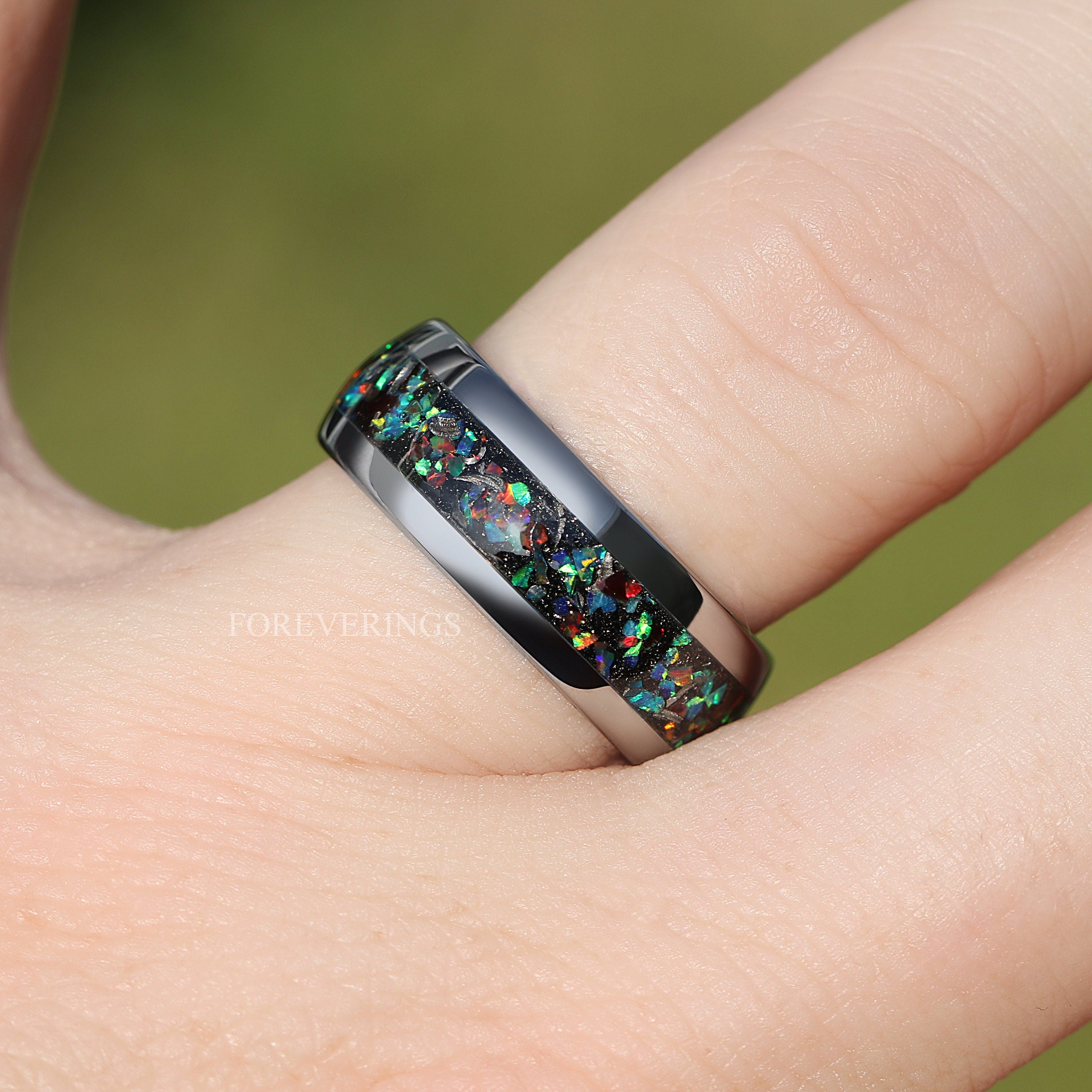 Mens Meteorite Galaxy Opal Ring, Silver Tungsten Ring, 8mm 6mm Mens Wedding Band, Unique Meteorite Ring, Ring Engraving