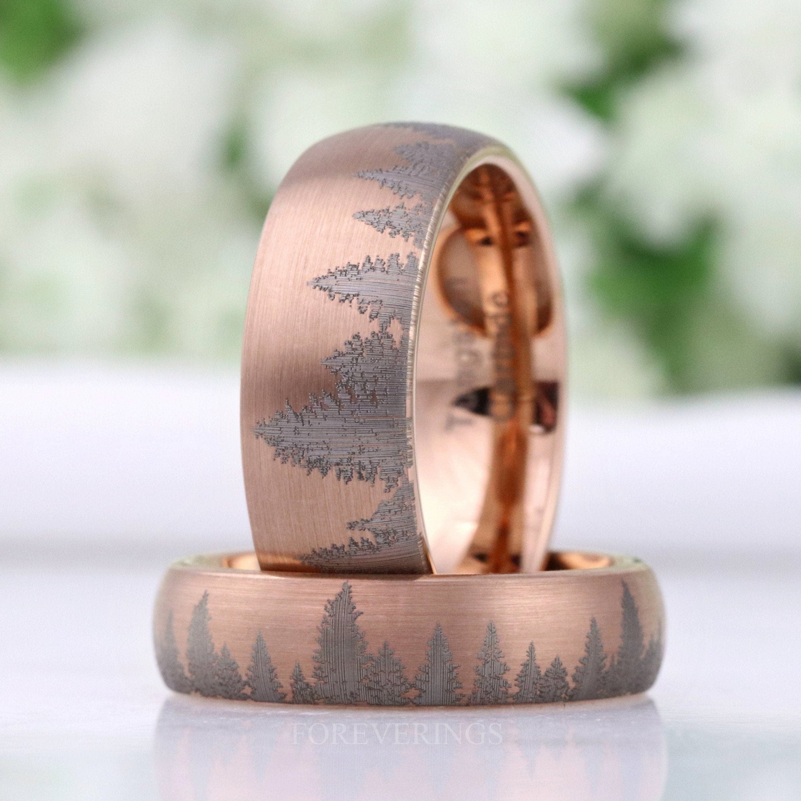 Rose Gold Forest Tree Ring, Mens Wedding Band, 8mm 6mm, Matte Rose Gold Tungsten Ring, Unique Nature Pine Tree Landscape, Ring Engraving