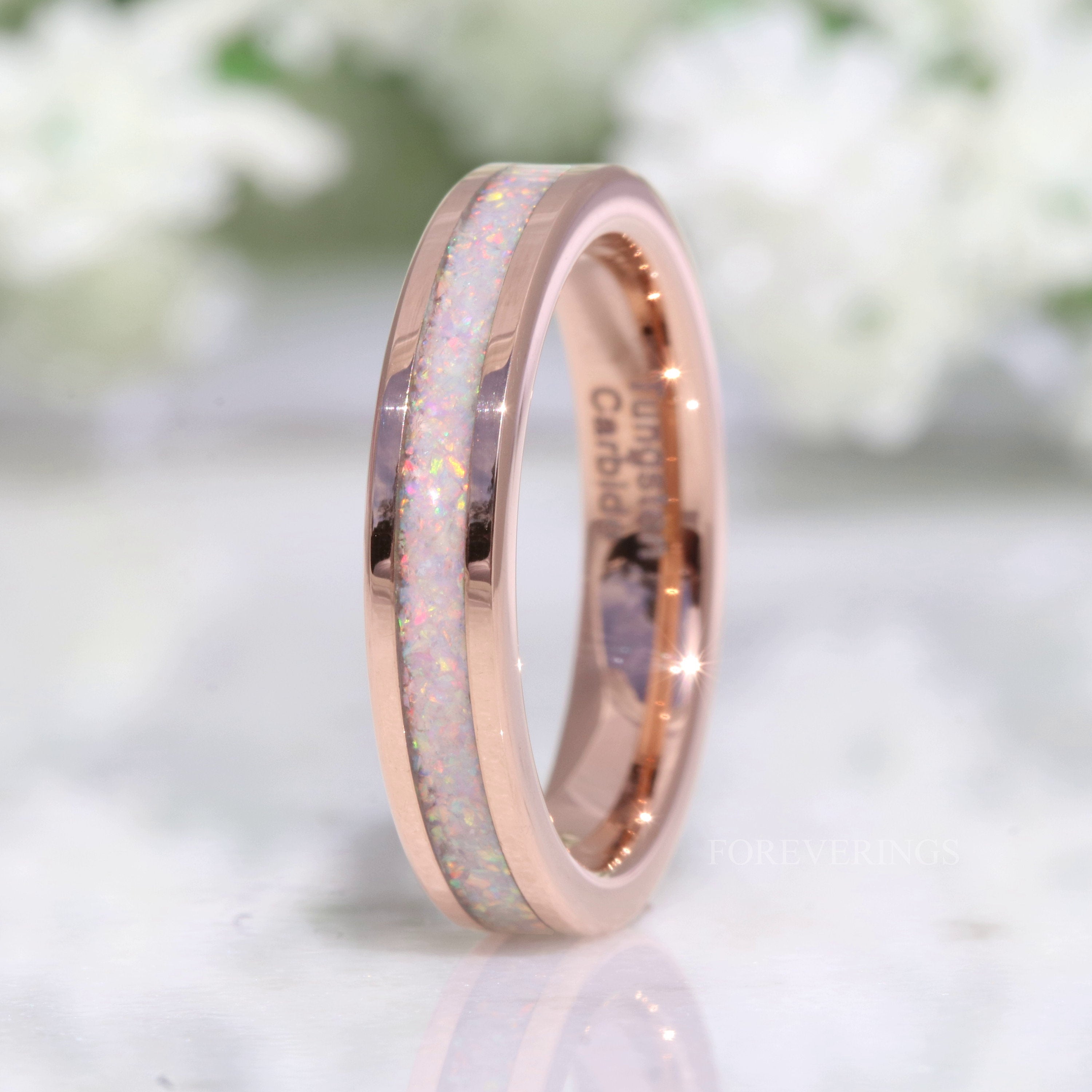 White Fire Opal Ring, Rose Gold Wedding Band, 4mm Ring, Polished, Flat, Unique Promise Ring, Men Women Ring, White Opal Band, Ring Engraving