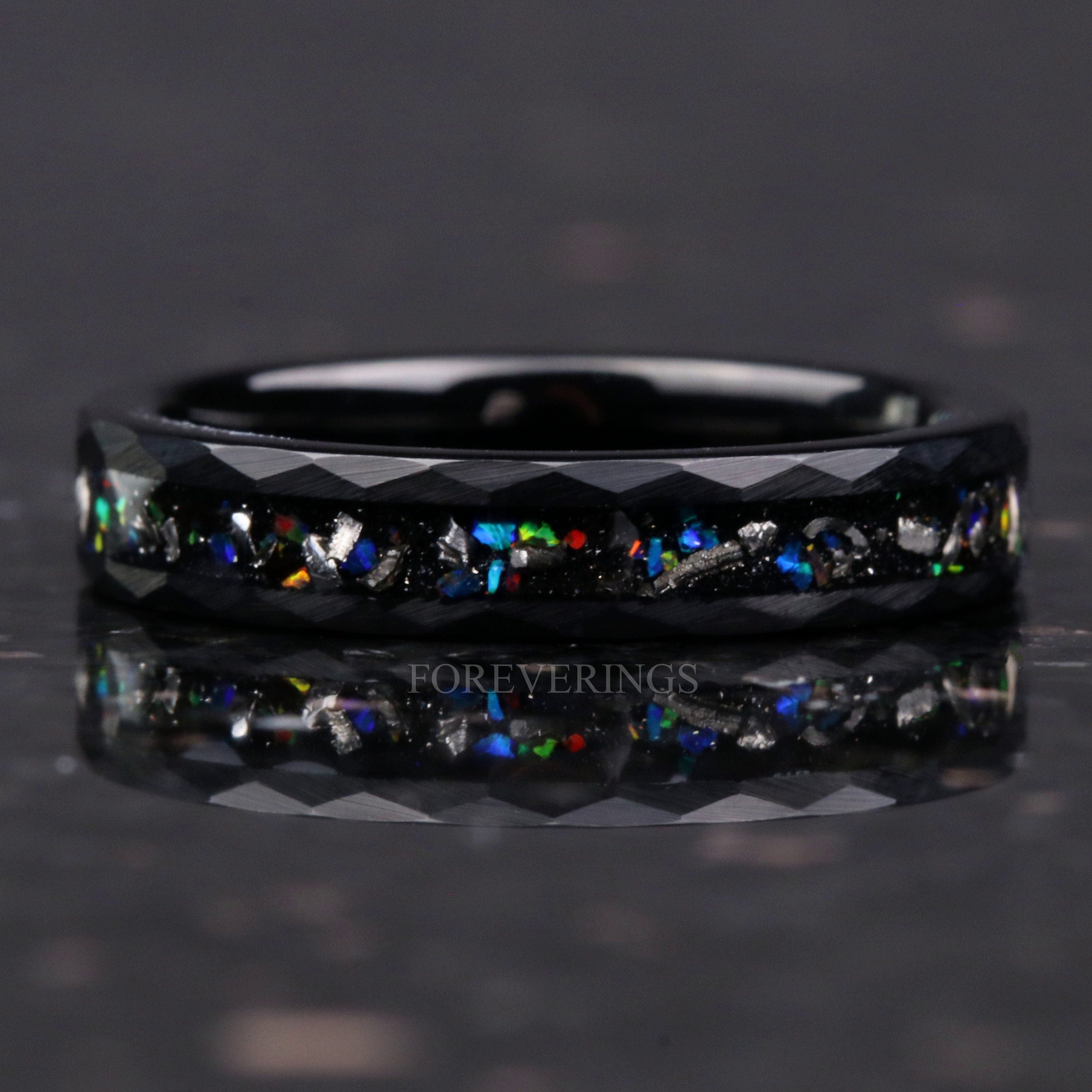 Meteorite Opal Ring, Galaxy Wedding Band, Authentic Meteorite Band, Black Tungsten, Hammer, Flat, Unique Fire Opal Ring, Women Men, Engrave