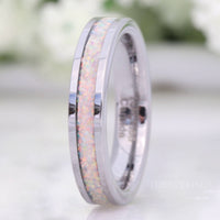 Crushed White Fire Opal Band, Silver Tungsten Wedding Band, No Plating, 4mm Ring, Polished, Flat, Comfort Fit, Unique Ring, Men Women Ring