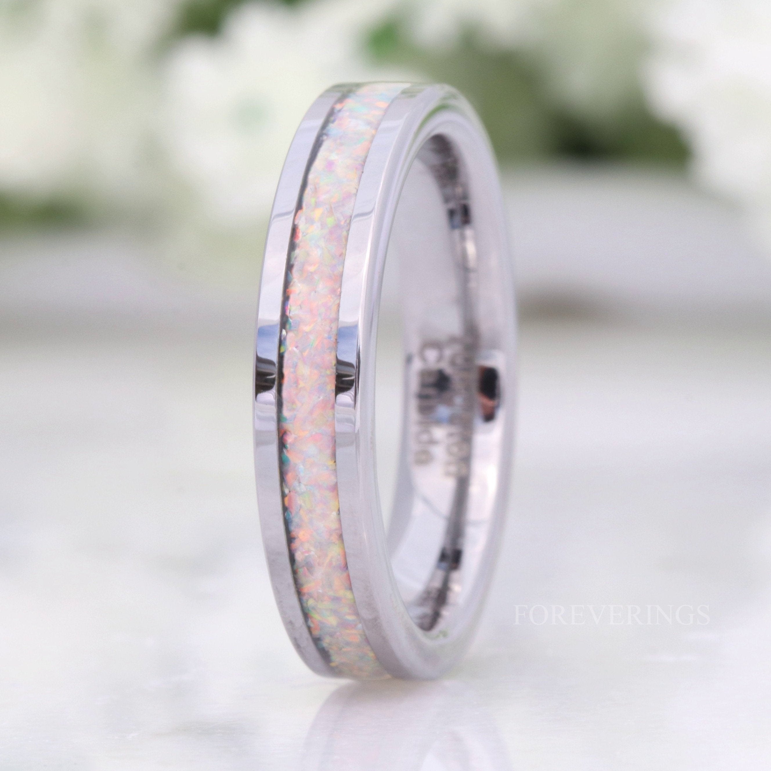 Crushed White Fire Opal Band, Silver Tungsten Wedding Band, No Plating, 4mm Ring, Polished, Flat, Comfort Fit, Unique Ring, Men Women Ring