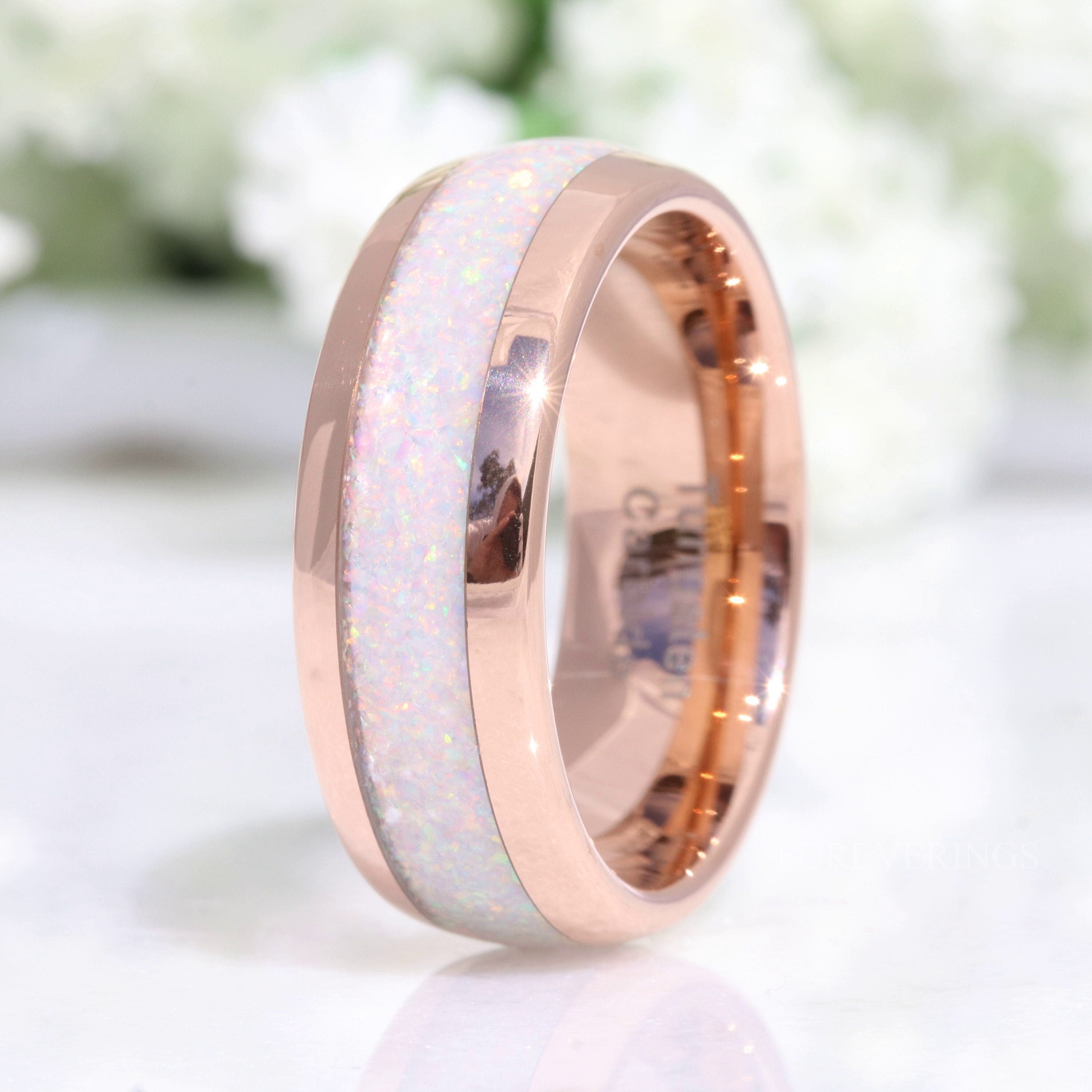 8mm White Fire Opal Ring, Rose Gold Tungsten Ring, Men Wedding Band, Crushed White Opal, Polished, Dome, Comfort Fit, Unique Ring