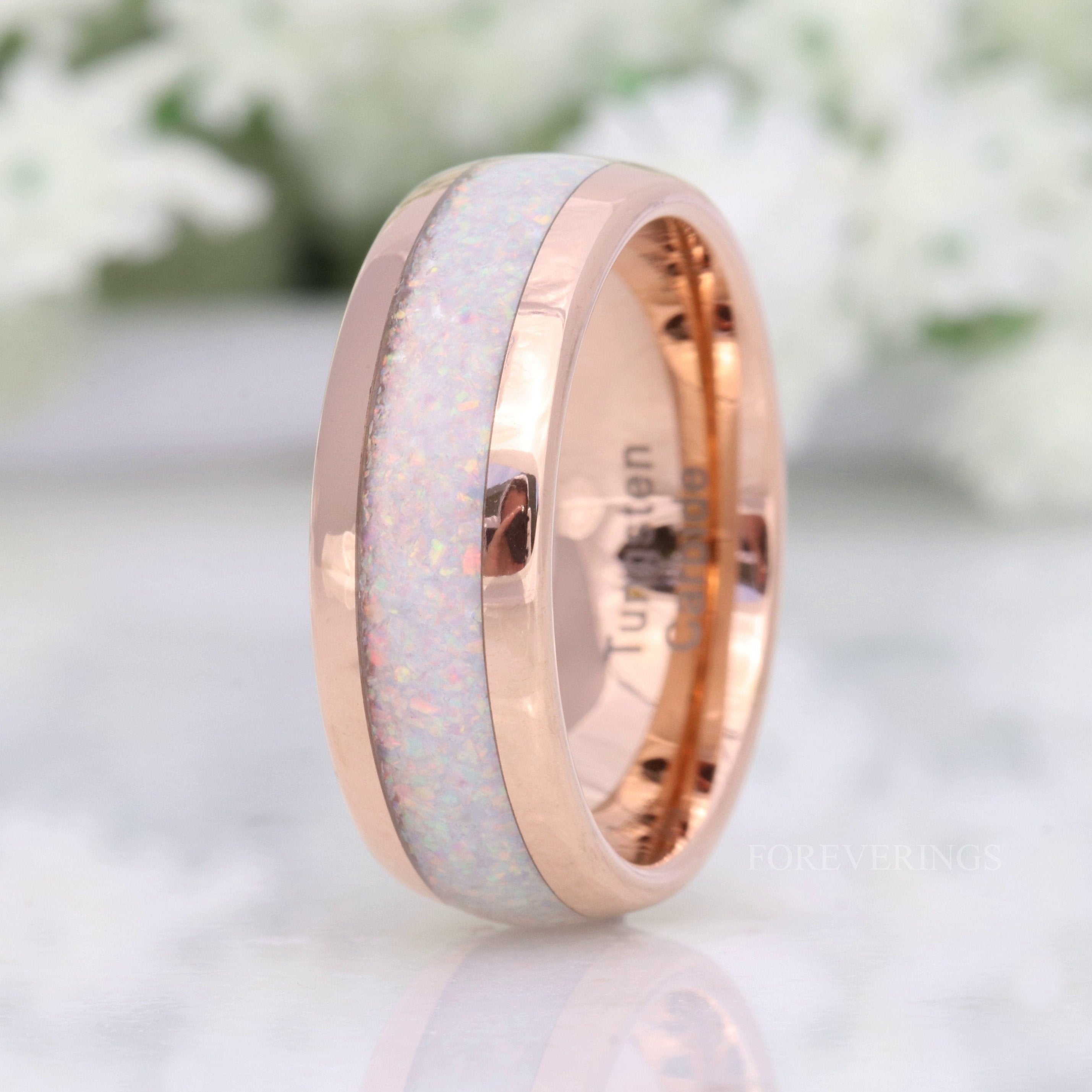 8mm White Fire Opal Ring, Rose Gold Tungsten Ring, Men Wedding Band, Crushed White Opal, Polished, Dome, Comfort Fit, Unique Ring