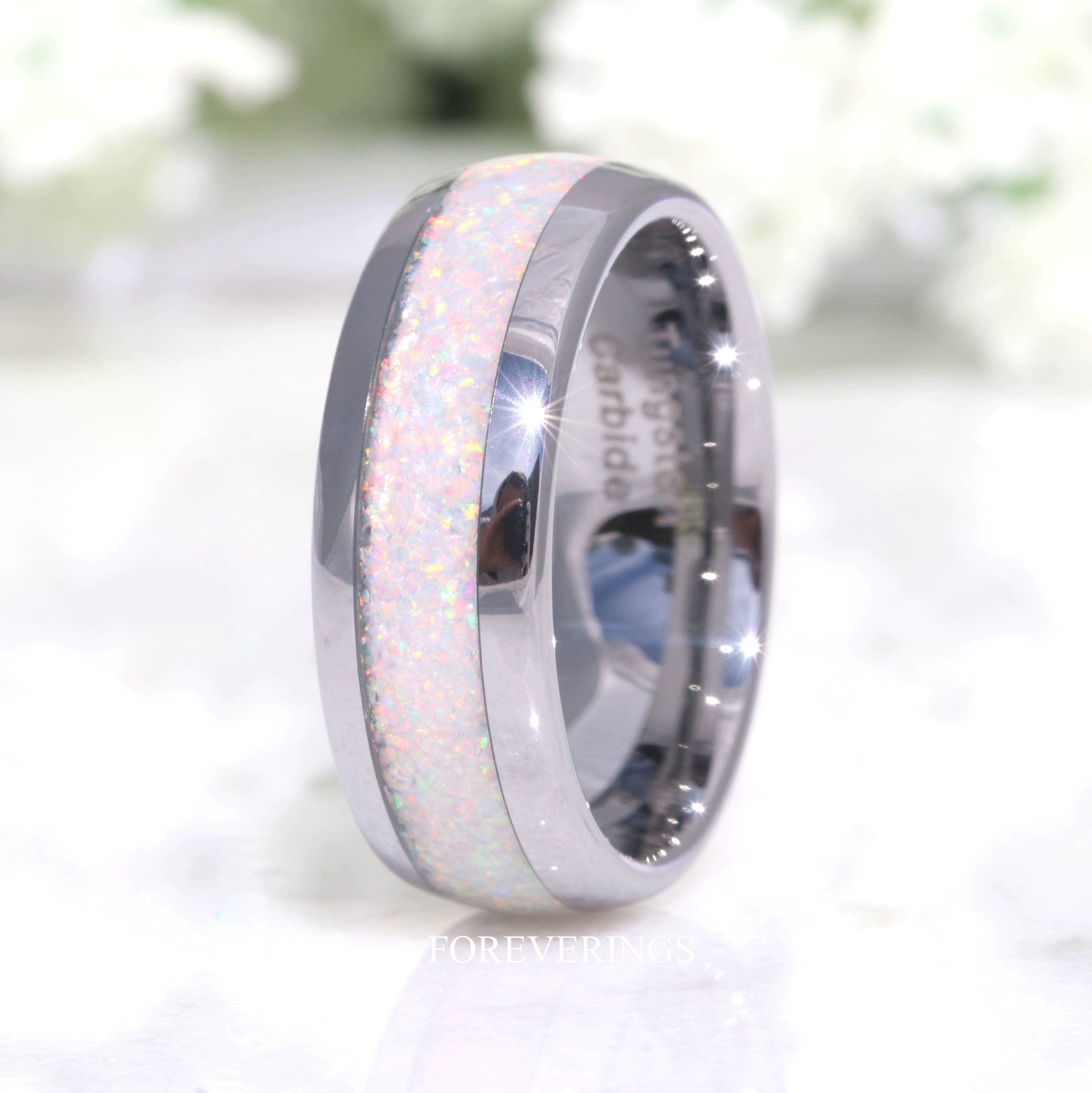 His and Hers Tungsten Wedding Band, Crushed White Fire Opal Ring, 8mm & 4mm Silver Ring Set, Couples Ring, Polish, Dome, Comfort Fit