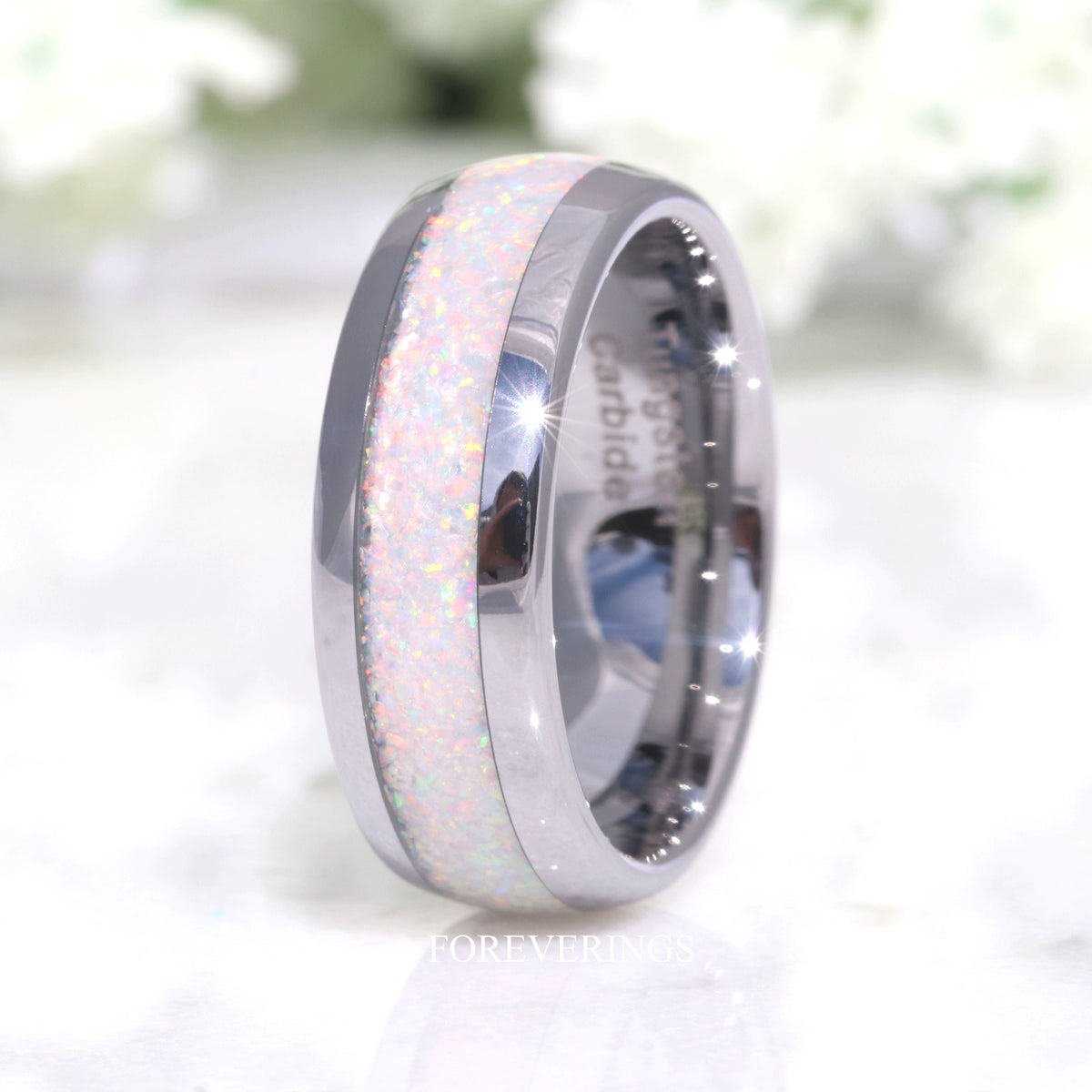 Mens White Fire Opal Ring | 8mm Crushed Opal Silver Tungsten Band