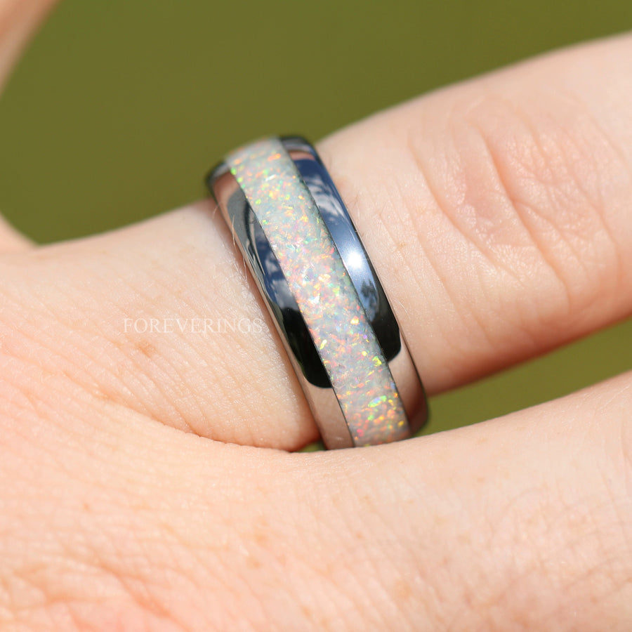 Mens White Fire Opal Ring | 8mm Crushed Opal Silver Tungsten Band
