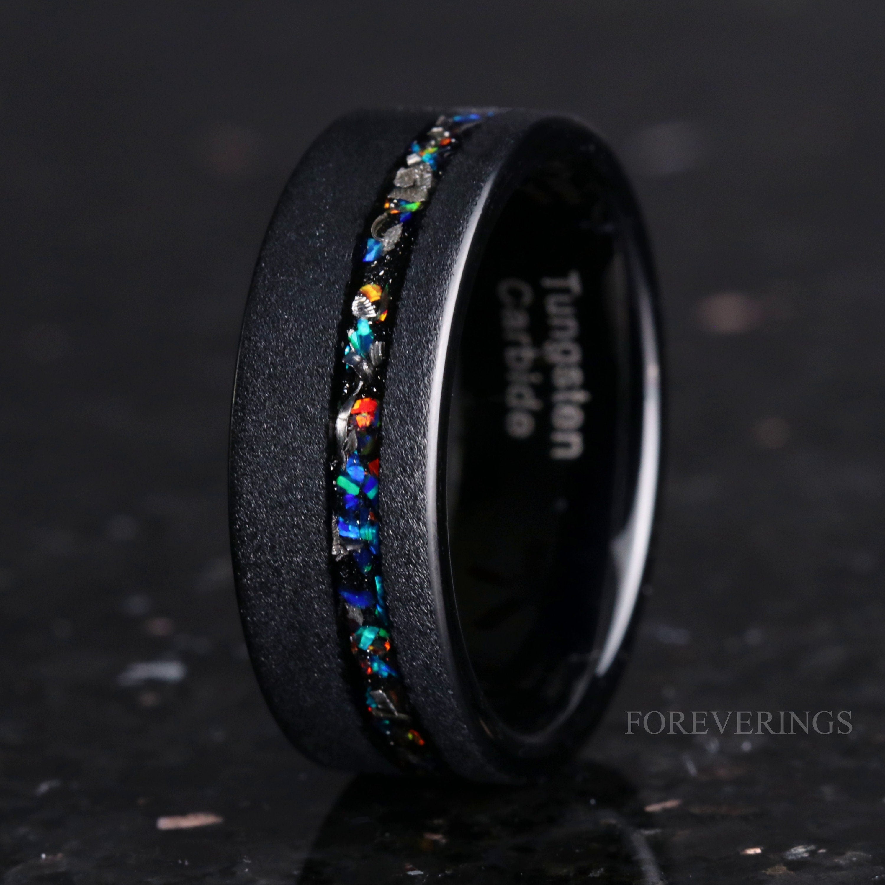 Meteorite and Galaxy Opal Ring Set, His and Hers Tungsten Wedding Bands, 8mm & 4mm Black Rings, Sandblasted, Flat, Couples Ring, Comfort Fit