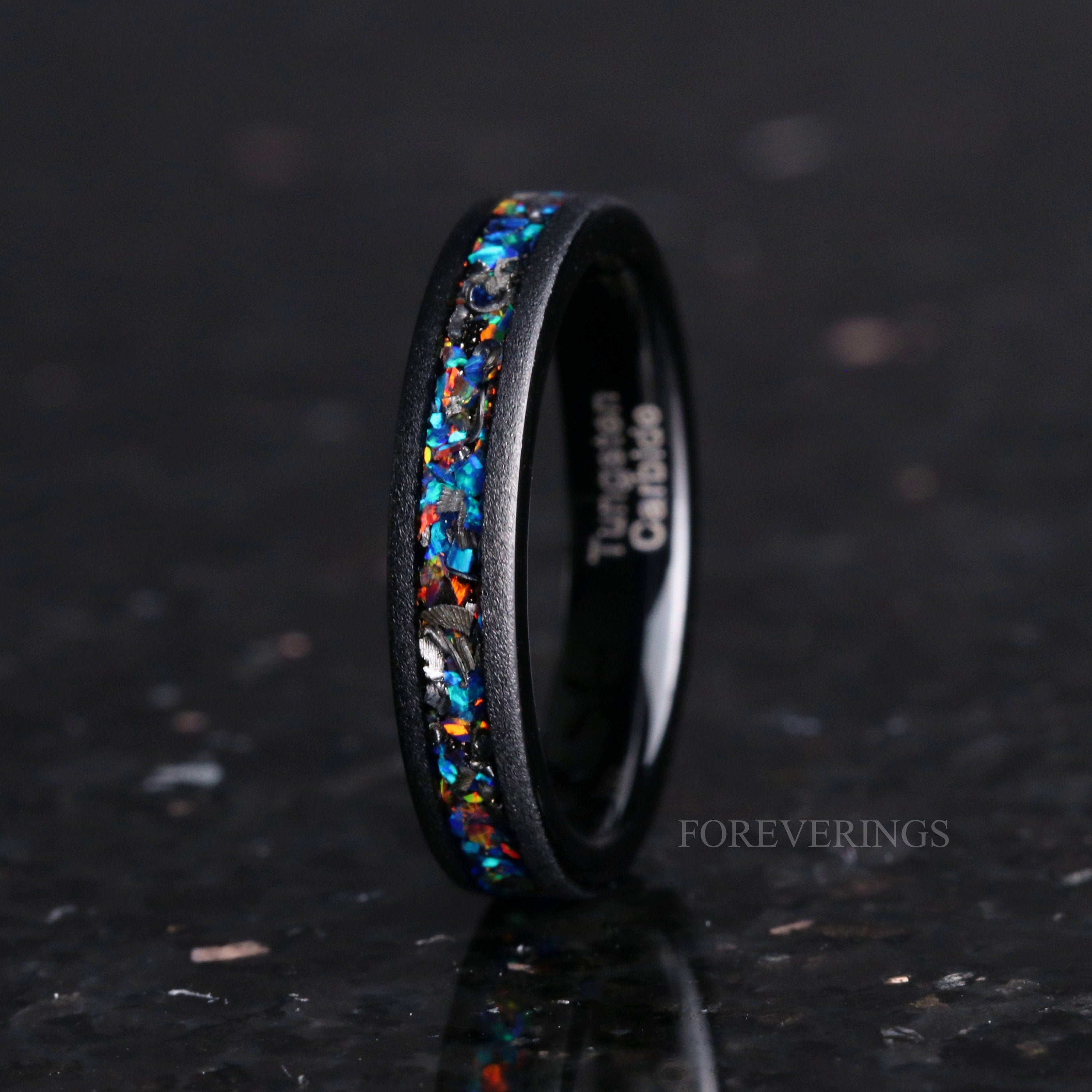 Meteorite and Galaxy Opal Ring Set, His and Hers Tungsten Wedding Bands, 8mm & 4mm Black Rings, Sandblasted, Flat, Couples Ring, Comfort Fit