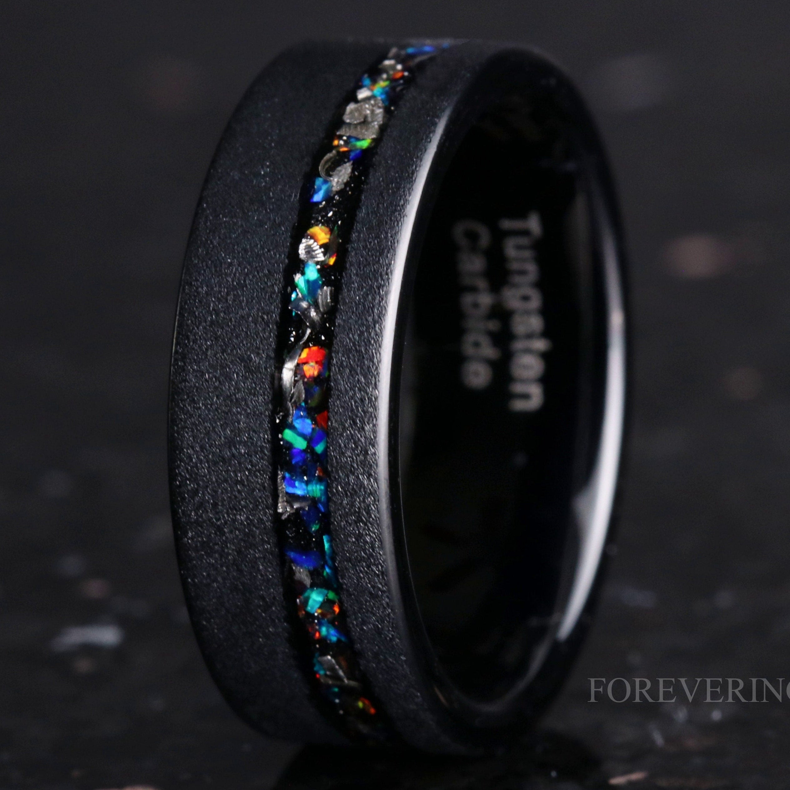 Meteorite and Galaxy Opal Wedding Band, 8mm Black Tungsten Ring, Smooth, Flat, Sandblasted, Comfort Fit, Gift for Him, Unique Ring