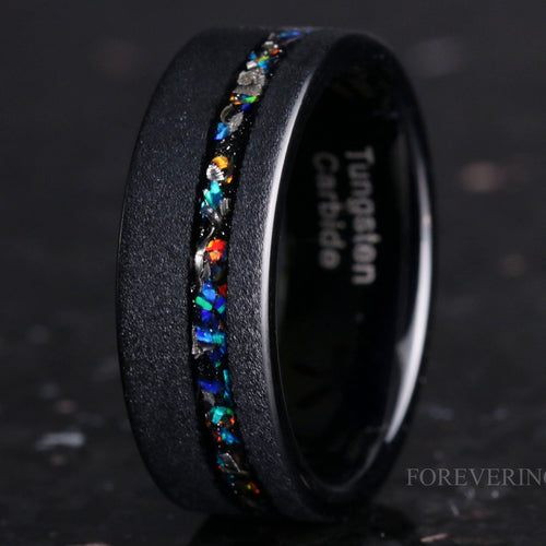 Meteorite and Opal Black Tungsten Band | Mens Wedding Ring | 8mm