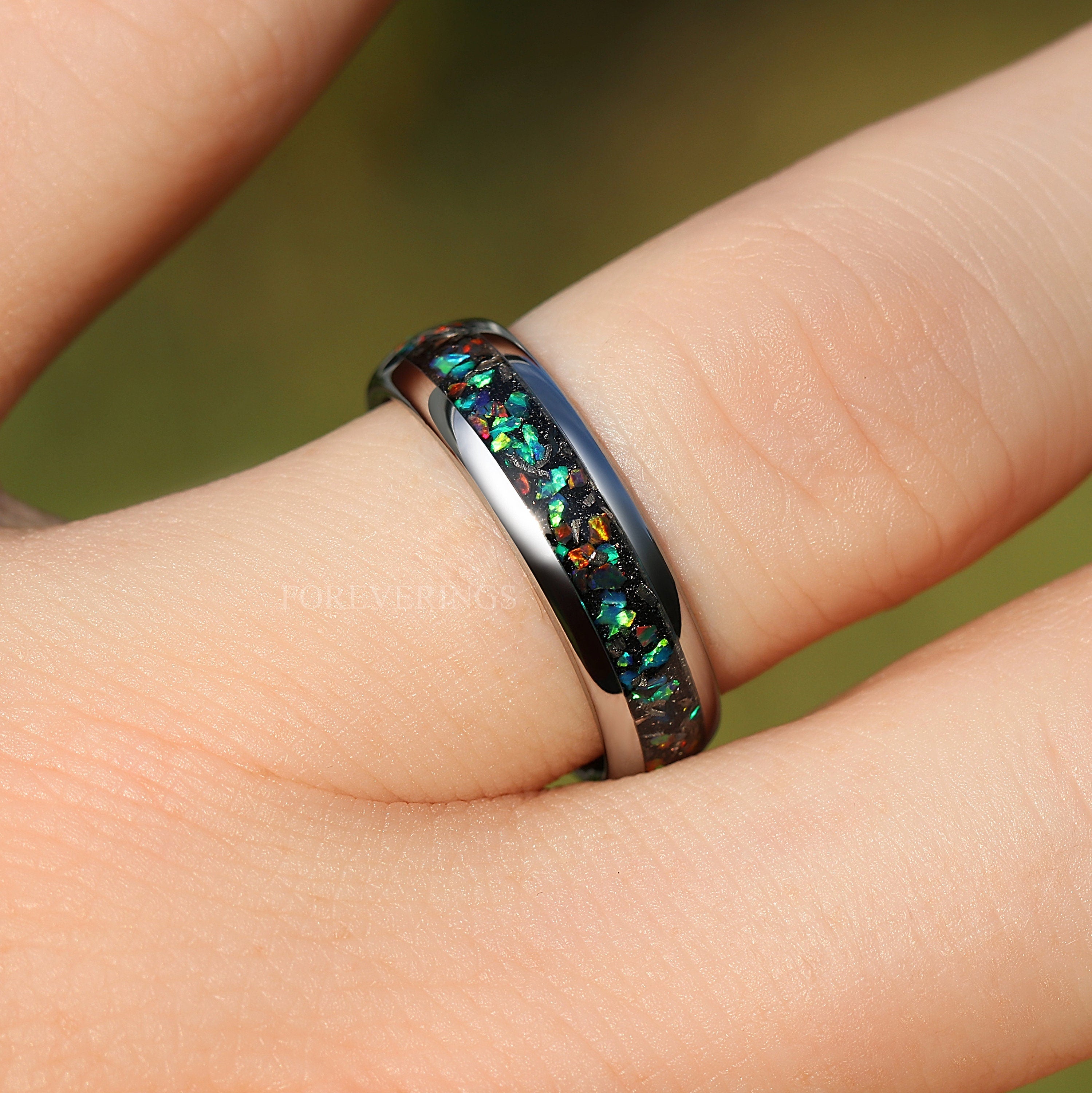 Meteorite and Galaxy Opal Ring Set, His and Hers Tungsten Wedding Bands, 6mm & 4mm Silver Ring Set, Couples Ring, Polish, Dome, Comfort Fit