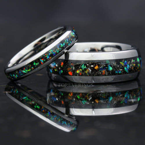 Matching silver tungsten couples ring set with meteorite and galaxy opal inlay, 8mm and 4mm
