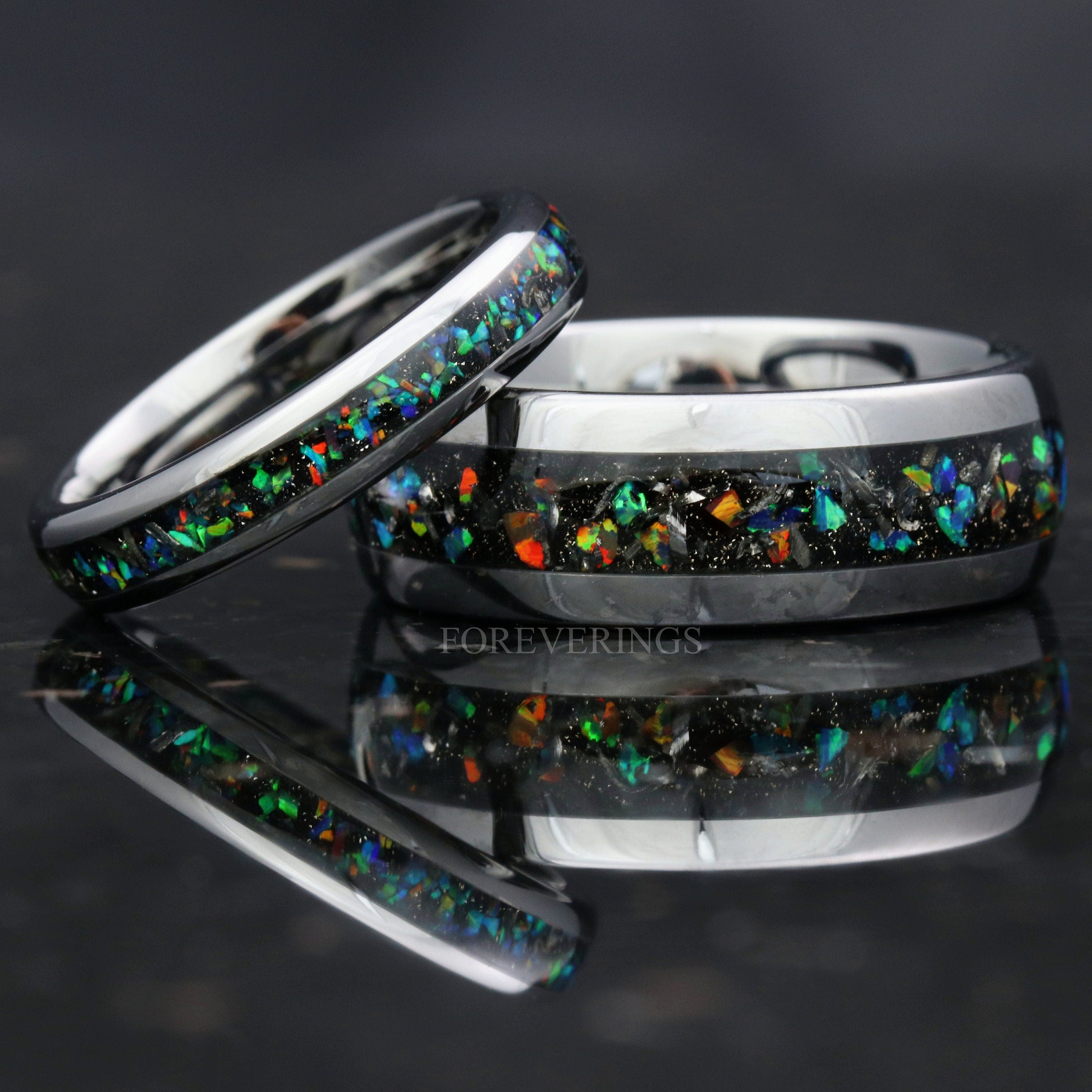 Meteorite and Galaxy Opal Ring Set, His and Hers Tungsten Wedding Bands, 8mm & 4mm Silver Ring Set, Couples Ring, Polish, Dome, Comfort Fit