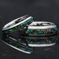 Matching silver tungsten couples ring set with meteorite and galaxy opal inlay, 6mm and 4mm