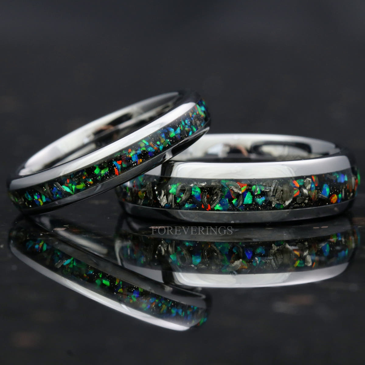 Matching silver tungsten couples ring set with meteorite and galaxy opal inlay, 6mm and 4mm