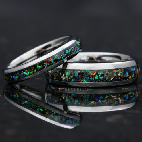 Matching silver tungsten couples ring set with meteorite and galaxy opal inlay, 6mm and 4mm