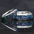 Matching silver tungsten couples ring set with galaxy opal inlay, 8mm and 4mm