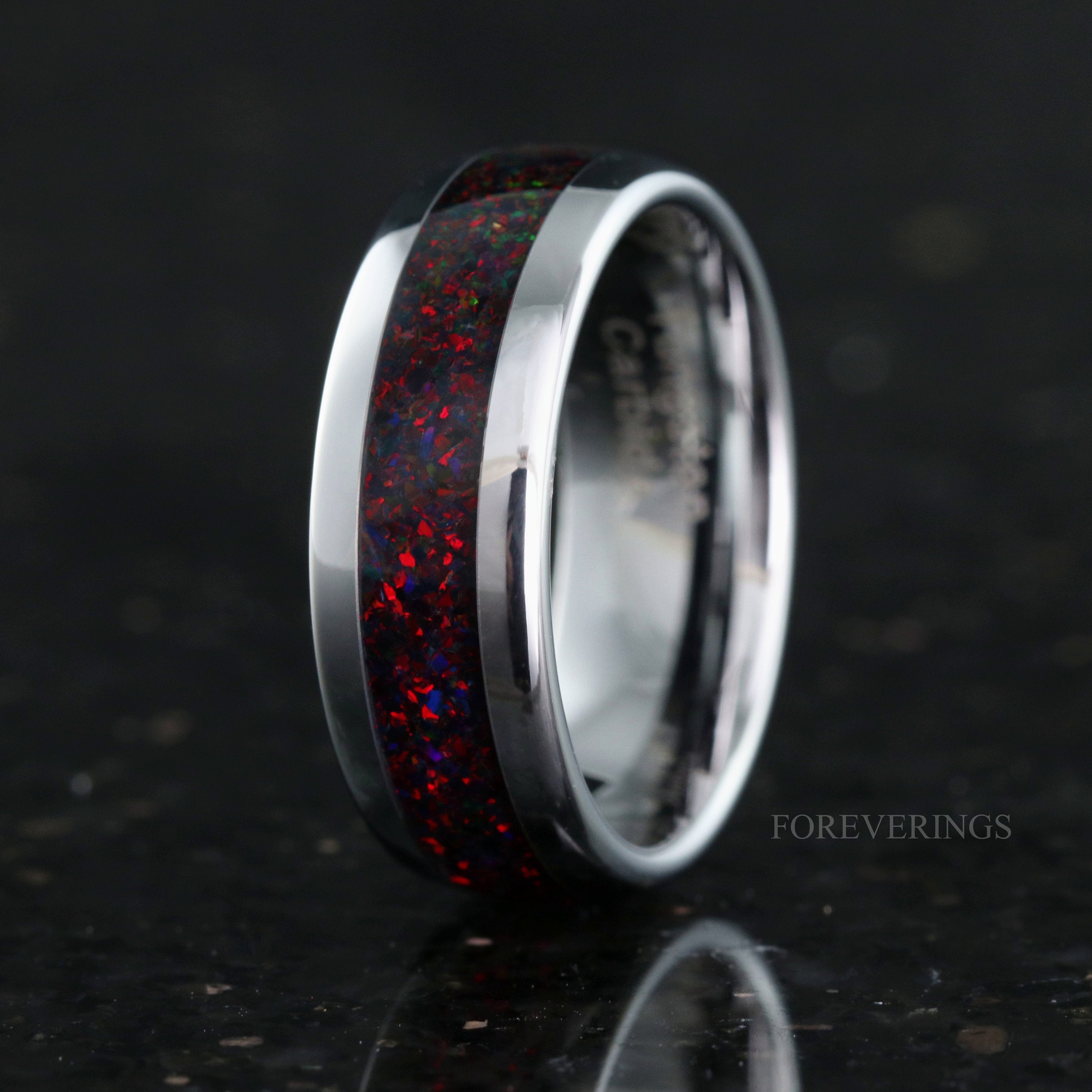 Black Fire Opal Ring, 8mm Silver Tungsten Ring, Men Wedding Band, Crushed Black Opal, Polished, Dome, Smooth Ring, Comfort Fit, Unique Ring