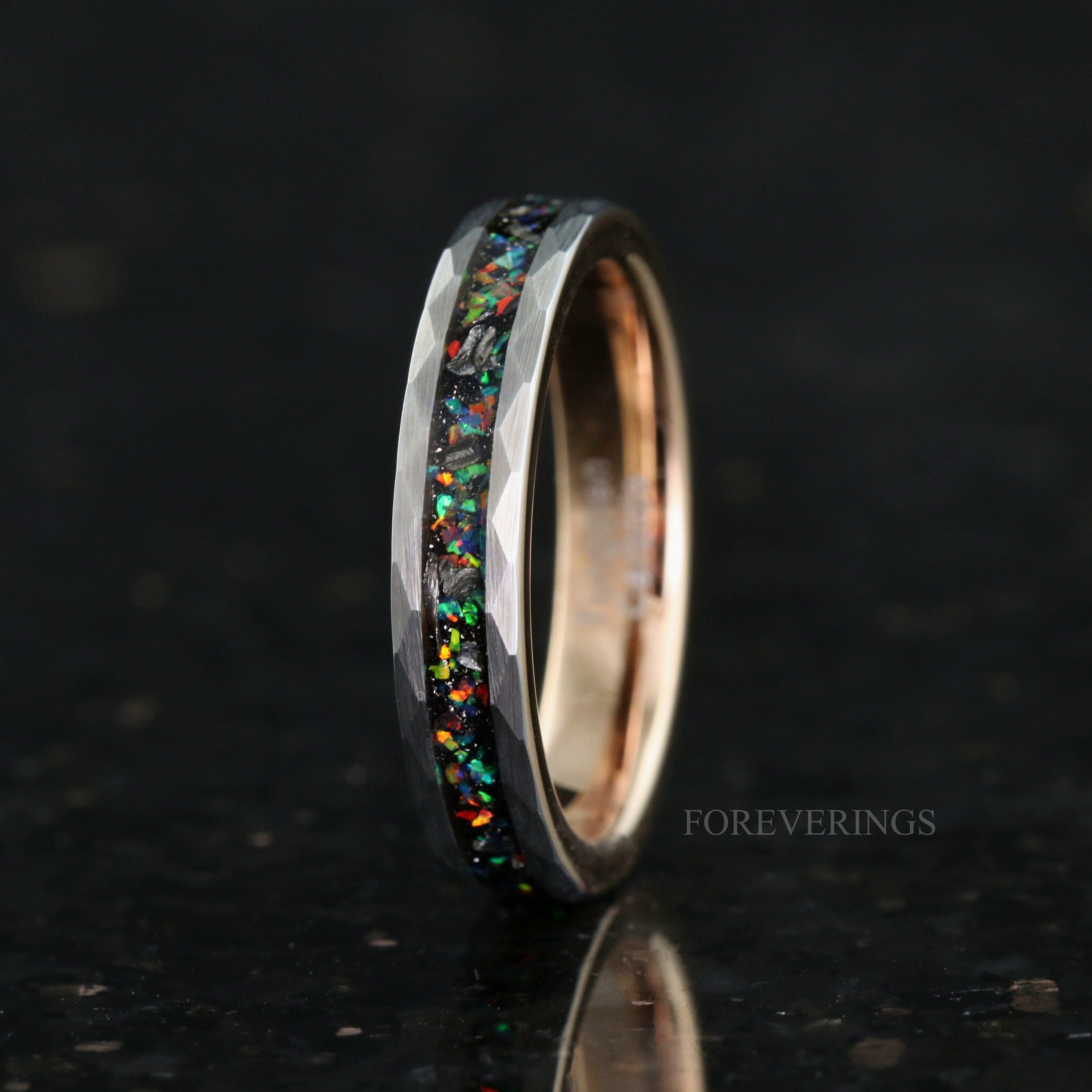 Meteorite and Galaxy Opal Wedding Band, 4mm Rose Gold Plated Tungsten Ring, Hammered, Flat, Matte Brushed, Comfort Fit, Women Men Ring