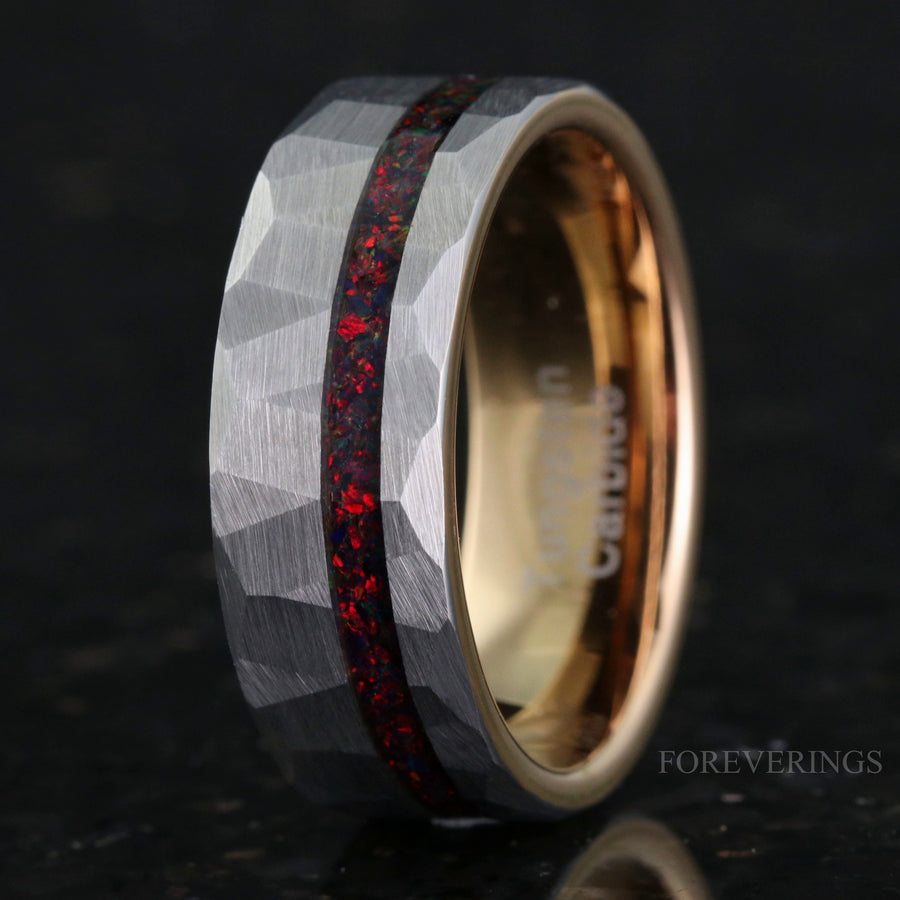 Black Fire Opal | Men's Two-Tone Rose Gold & Silver Tungsten Ring | 8mm
