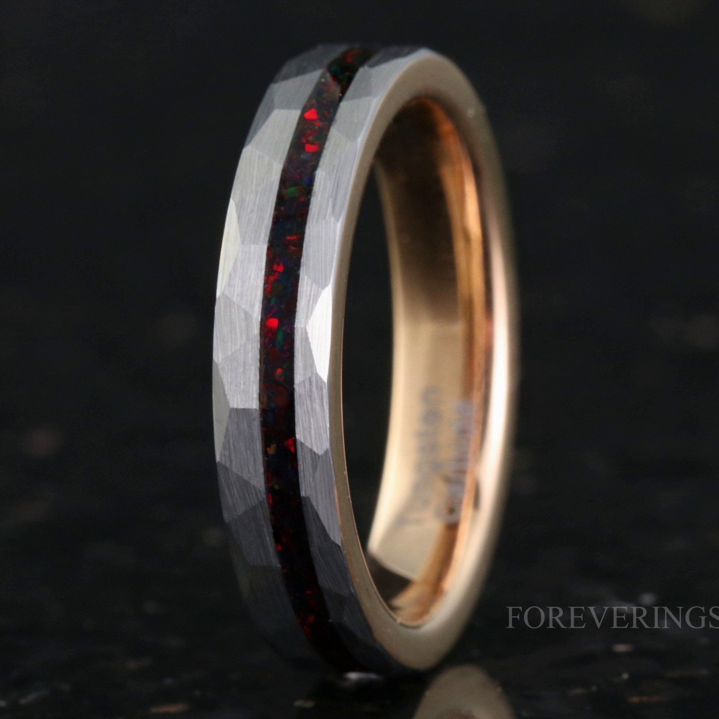Black Fire Opal Ring, Hammered Wedding Band, 4mm Men Women Ring, Brushed, Flat, Two Tone Rose Gold Ring, Tungsten Band, Ring Engraving