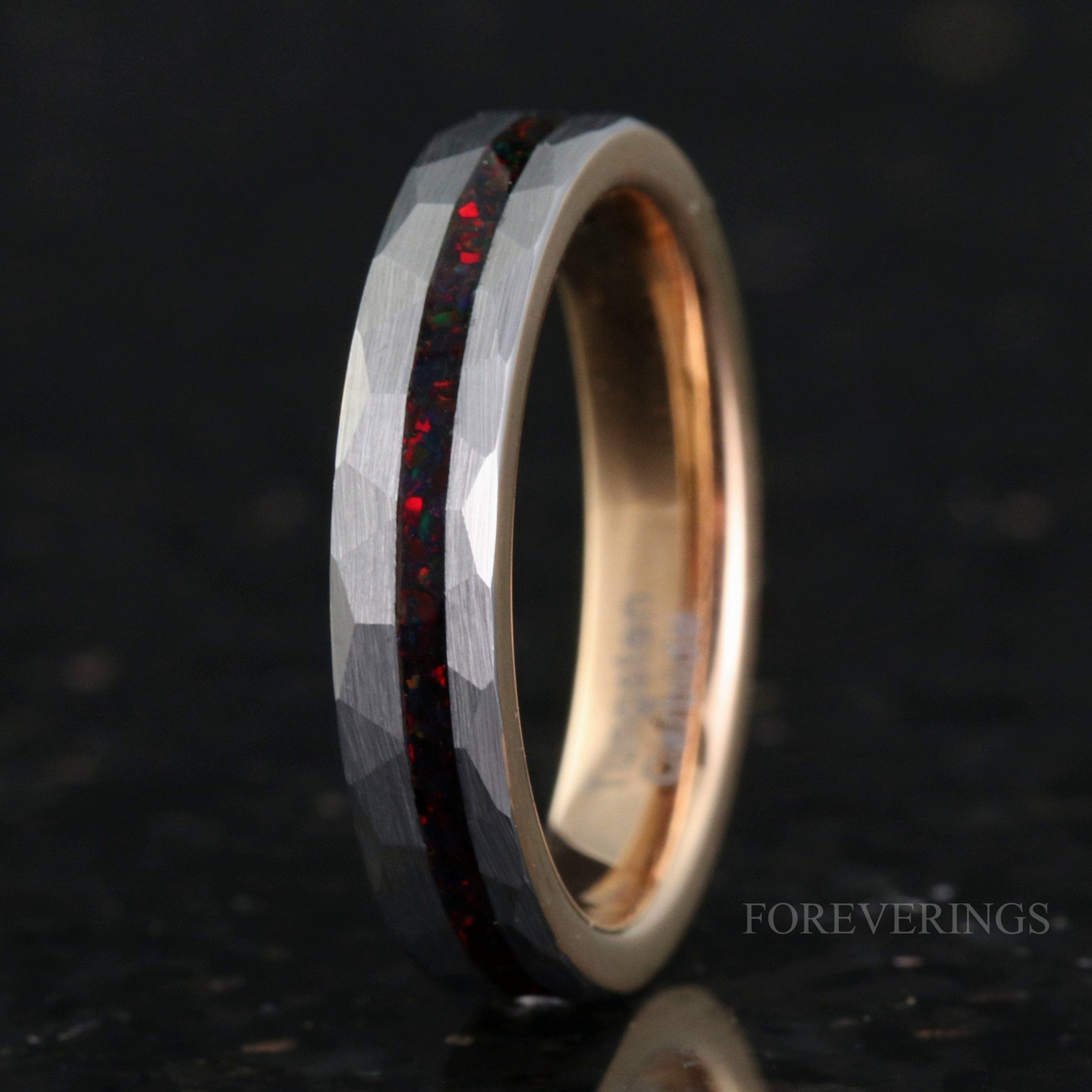 Black Fire Opal Ring, Hammered Wedding Band, 4mm Men Women Ring, Brushed, Flat, Two Tone Rose Gold Ring, Tungsten Band, Ring Engraving