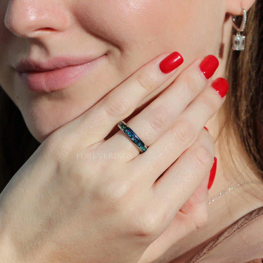 Galaxy Opal Ring for Women | 4mm Celestial Silver Tungsten Band