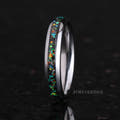 Women's 4mm silver tungsten ring with meteorite and galaxy opal inlay, standing upright
