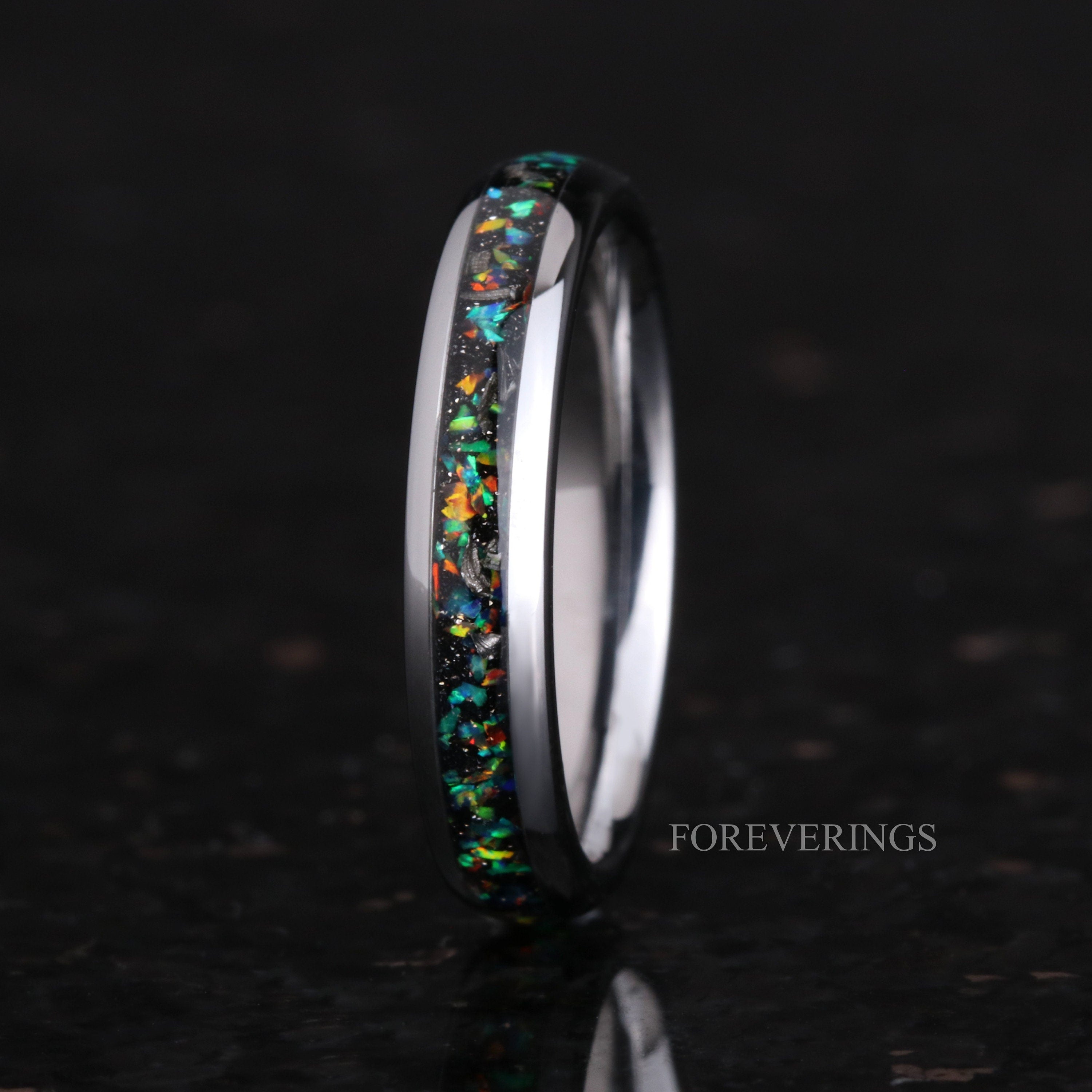 Meteorite and Galaxy Opal Ring Set, His and Hers Tungsten Wedding Bands, 6mm & 4mm Silver Ring Set, Couples Ring, Polish, Dome, Comfort Fit