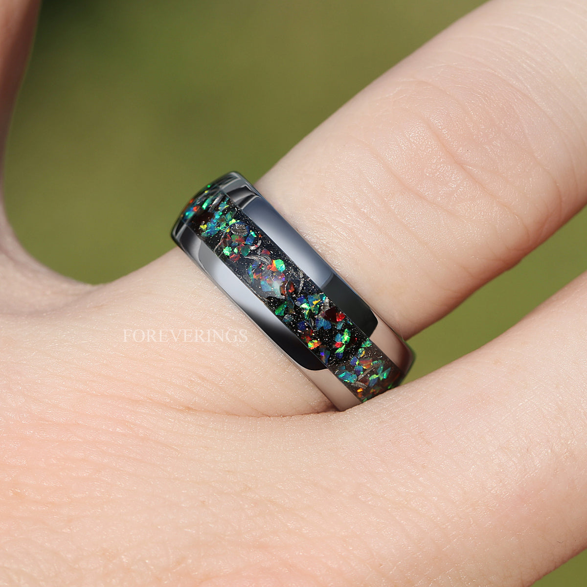 Meteorite and Galaxy Opal Ring Set, His and Hers Tungsten Wedding Bands, 8mm & 4mm Silver Ring Set, Couples Ring, Polish, Dome, Comfort Fit