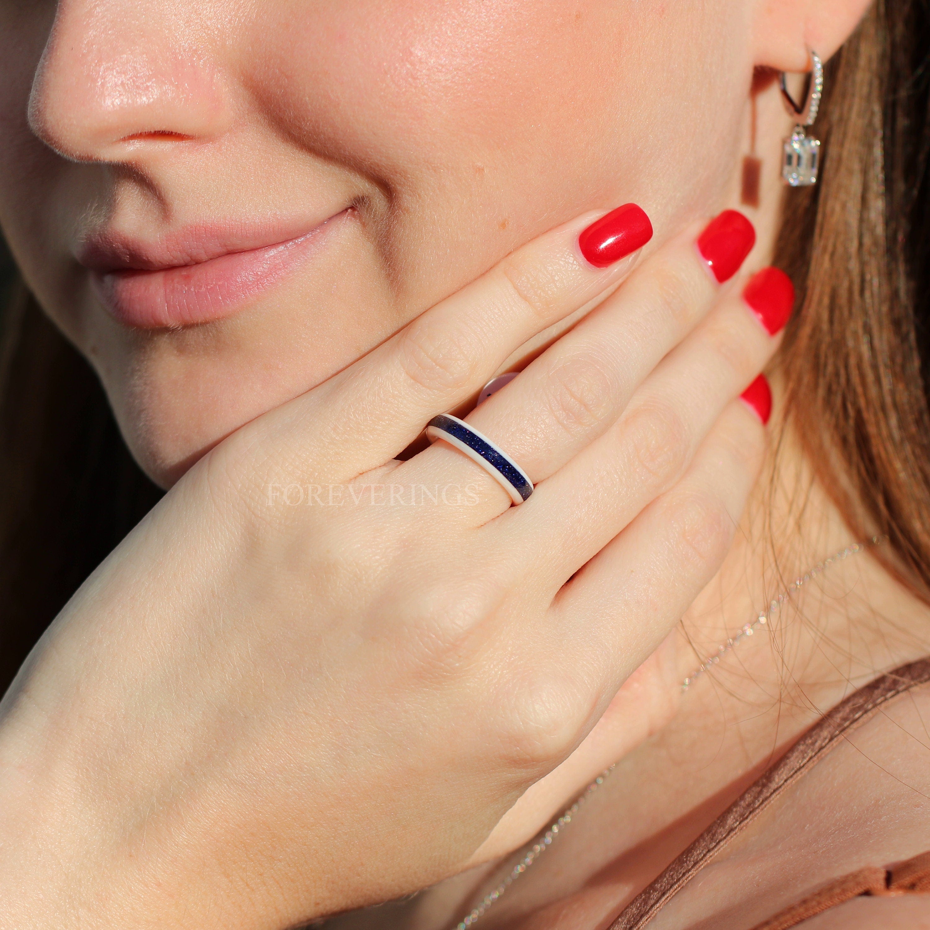 Great Rift Nebula Blue Sandstone Ring, White Ceramic Wedding Band, Outer Space Ring, Dome, Polish, Comfort Fit, Unique 4mm Wedding Ring