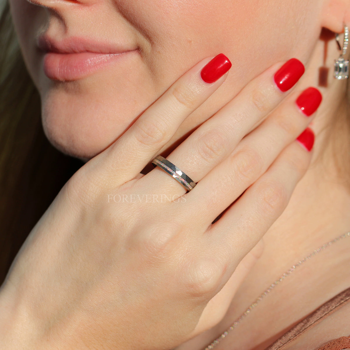 White Fire Opal Offset | Hammered Tungsten Wedding Band | 4mm