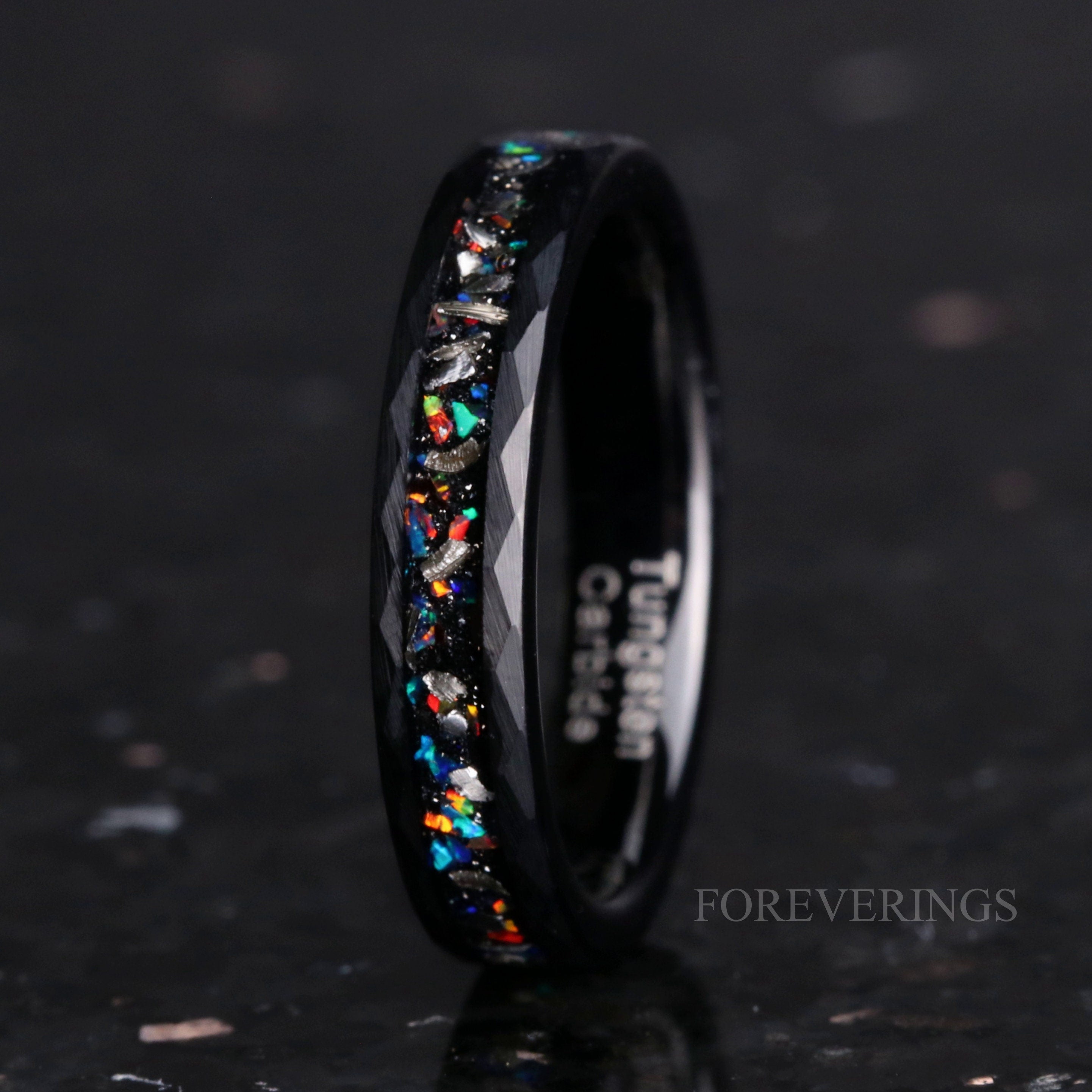 Meteorite Opal Ring, Galaxy Wedding Band, Authentic Meteorite Band, Black Tungsten, Hammer, Flat, Unique Fire Opal Ring, Women Men, Engrave