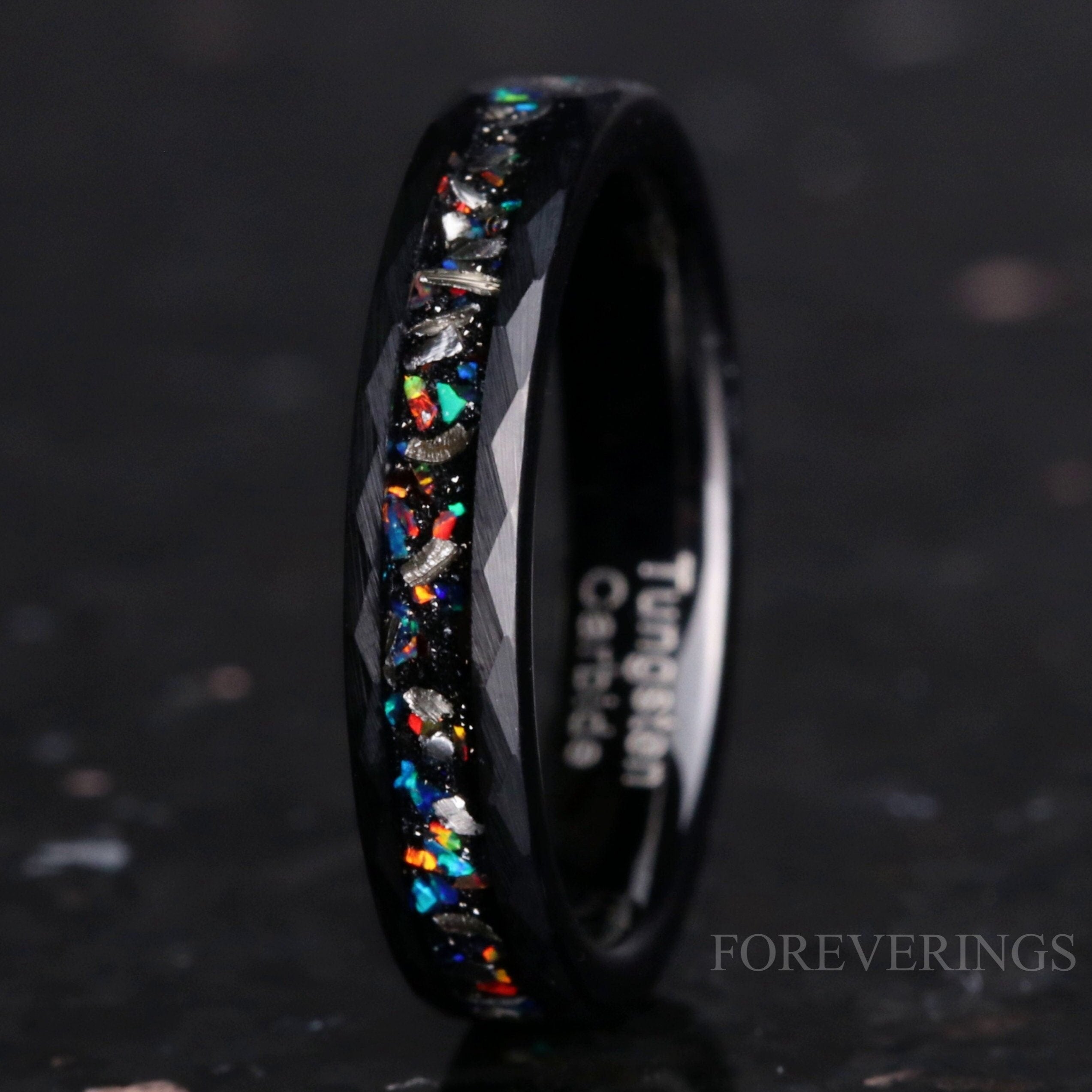 Meteorite Opal Ring, Galaxy Wedding Band, Authentic Meteorite Band, Black Tungsten, Hammer, Flat, Unique Fire Opal Ring, Women Men, Engrave