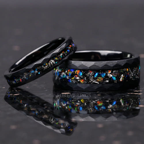 Matching hammered black tungsten couples ring set with meteorite and galaxy opal inlay, 8mm and 4mm