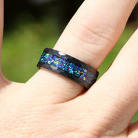 His and Hers Tungsten Wedding Band, Galaxy Opal, 8mm & 4mm Black Tungsten Ring Set, Hammer, Flat, Brush-Matte, Couples Ring, Comfort Fit