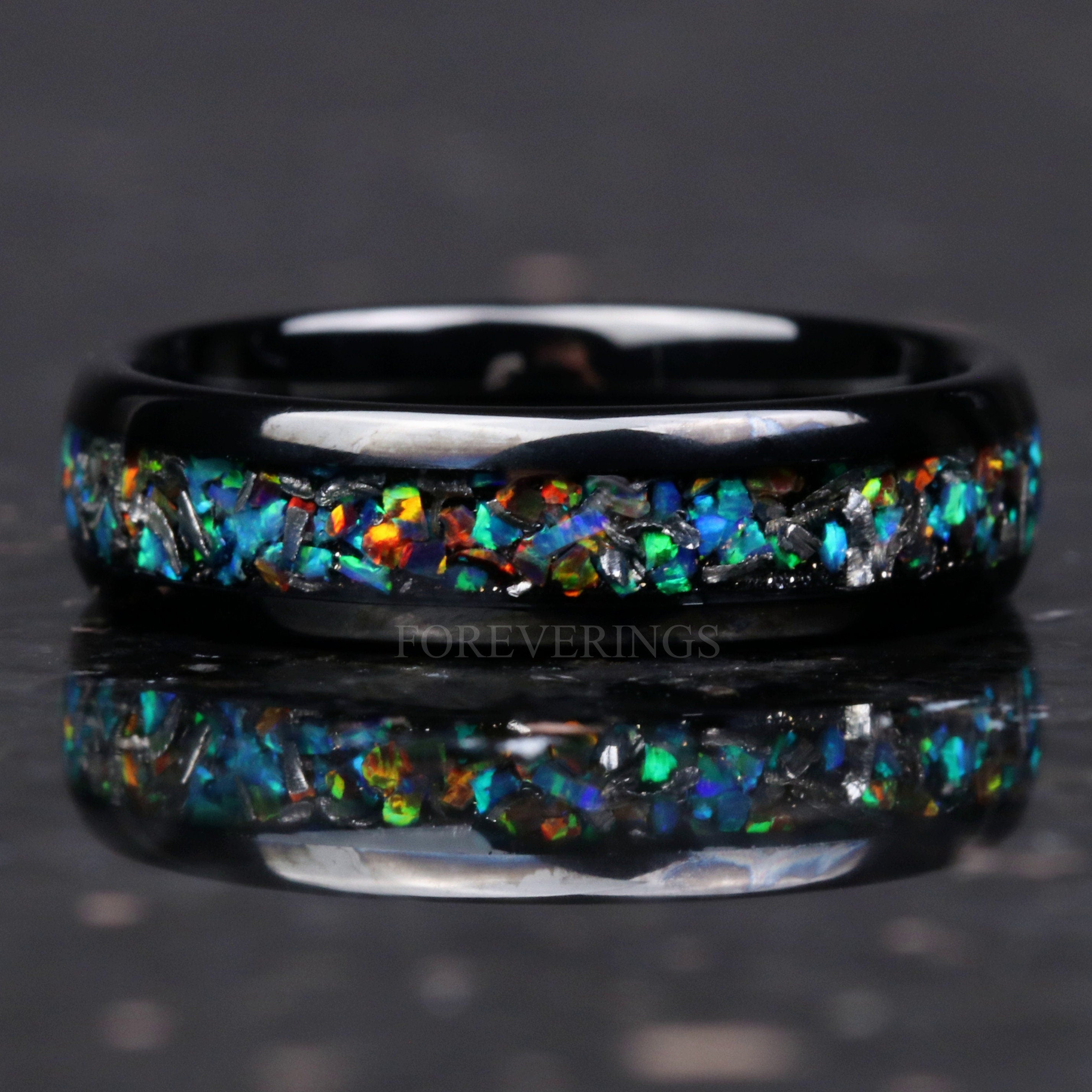 Mens Meteorite Galaxy Opal Ring, Black Tungsten Ring, 8mm 6mm Mens Wedding Band, Unique Meteorite and Opal Ring, Ring Engraving