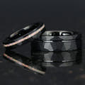 Matching hammered black tungsten couples ring set, 7mm and 4mm, white fire opal stripe on the thinner ring