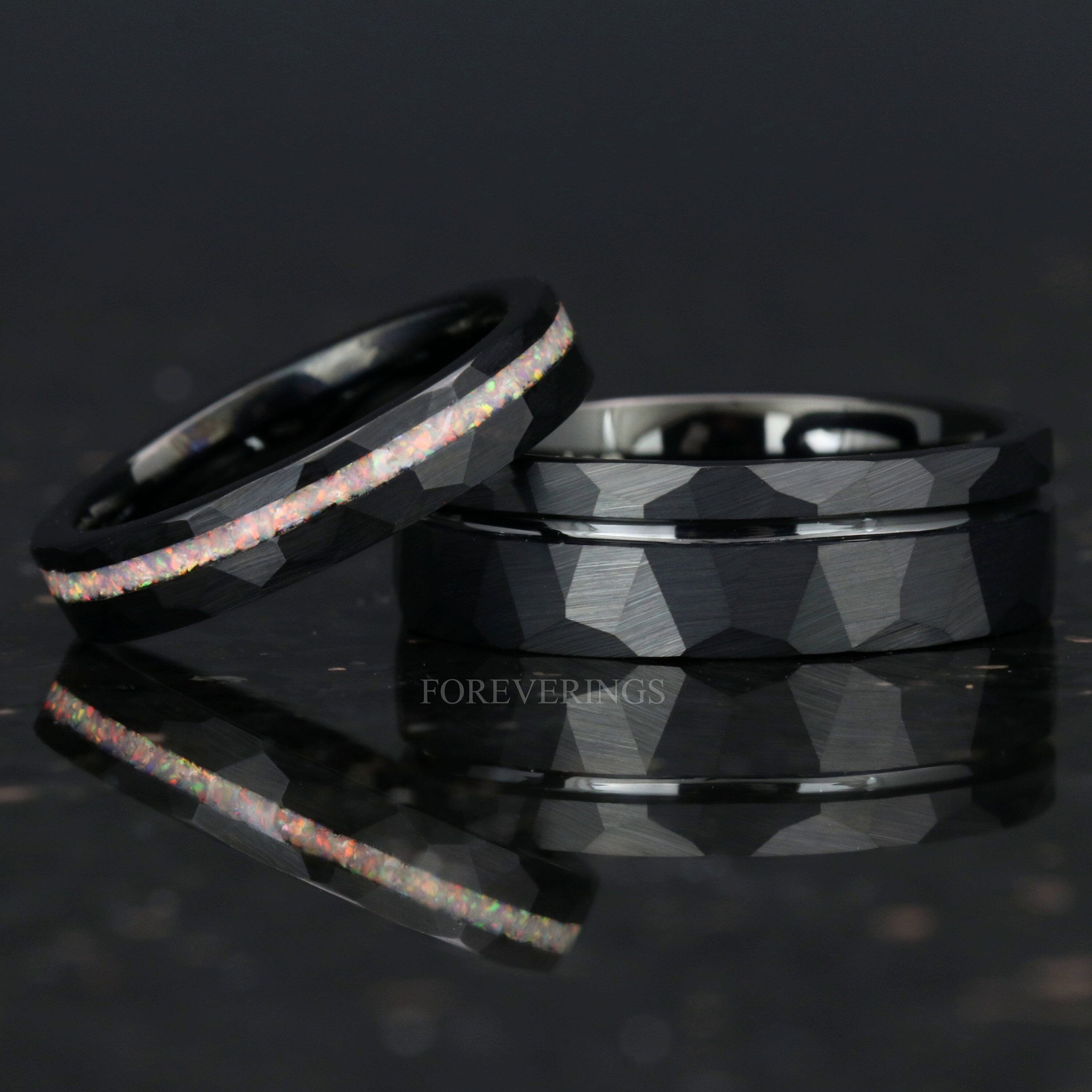 His and Hers Black Tungsten Wedding Band Set, Crushed White Fire Opal, 7mm & 4mm Rings, Couples Ring Set, Hammer, Flat, Brushed, Comfort Fit