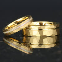 His and Hers Tungsten Wedding Band Set, Crushed White Fire Opal in Her Band, 7mm & 4mm Rings, Yellow Gold Plated, Hammer, Flat, Brushed, Comfort Fit